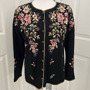 Vintage Heirloom Collectibles Embroidered Knit Small Cardigan Black Pink Flowers